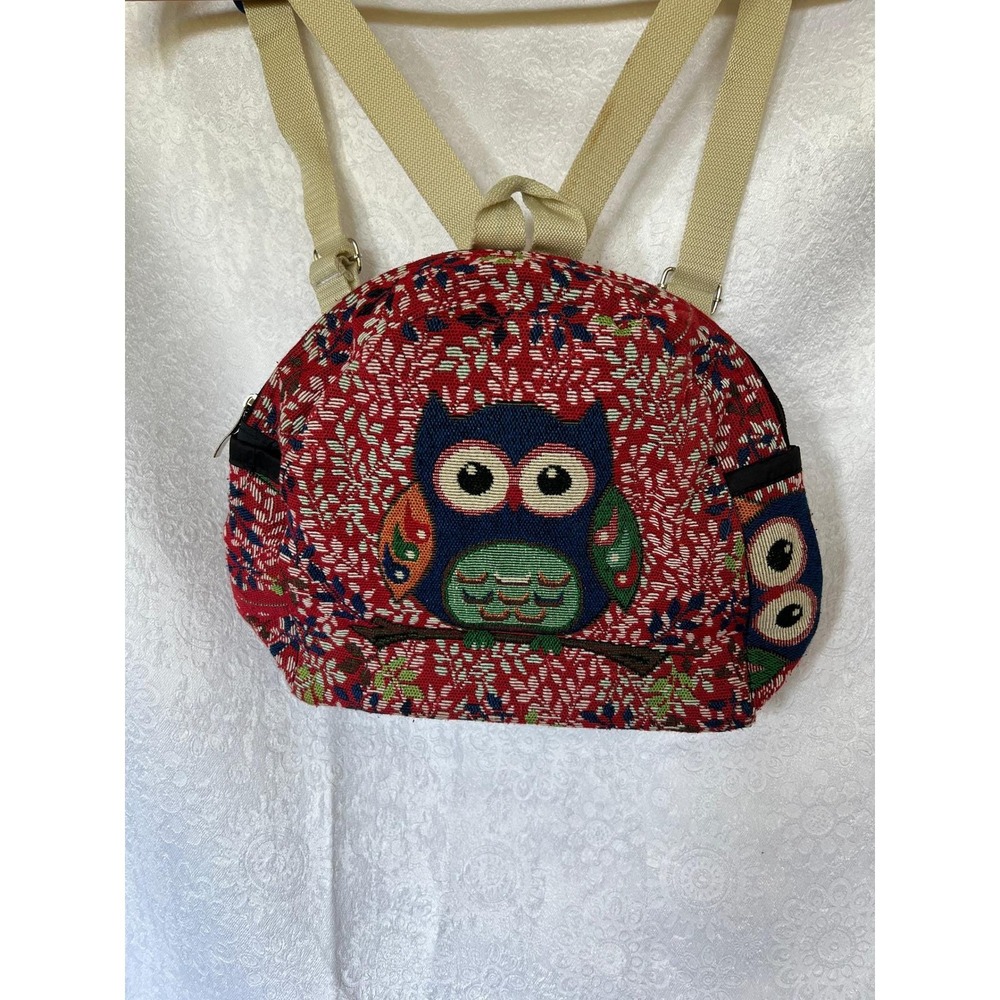 Vintage Whimsy Owl Tapestry Mini Backpack Red Floral Boho Woven Small Rucksack - Picture 2 of 13